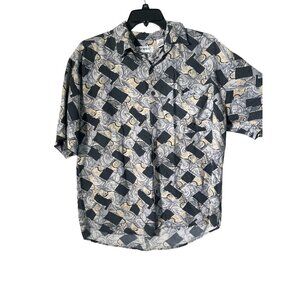 Summa Silk Shirt Mens Large Short-Sleeve Geometric Gray Black Button-Up Shirt